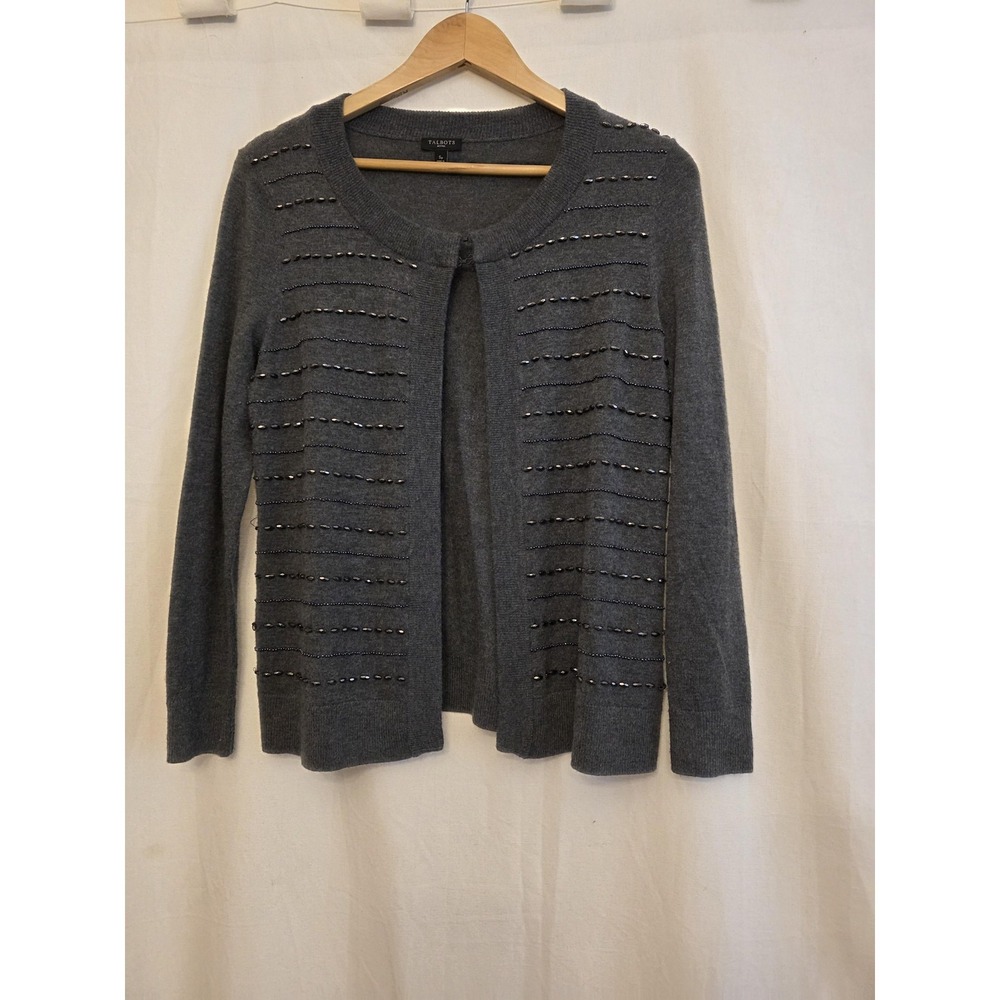 Talbots Cardigan Sweater Womens Petite Small SP Gray Beaded Stripe Open Knit